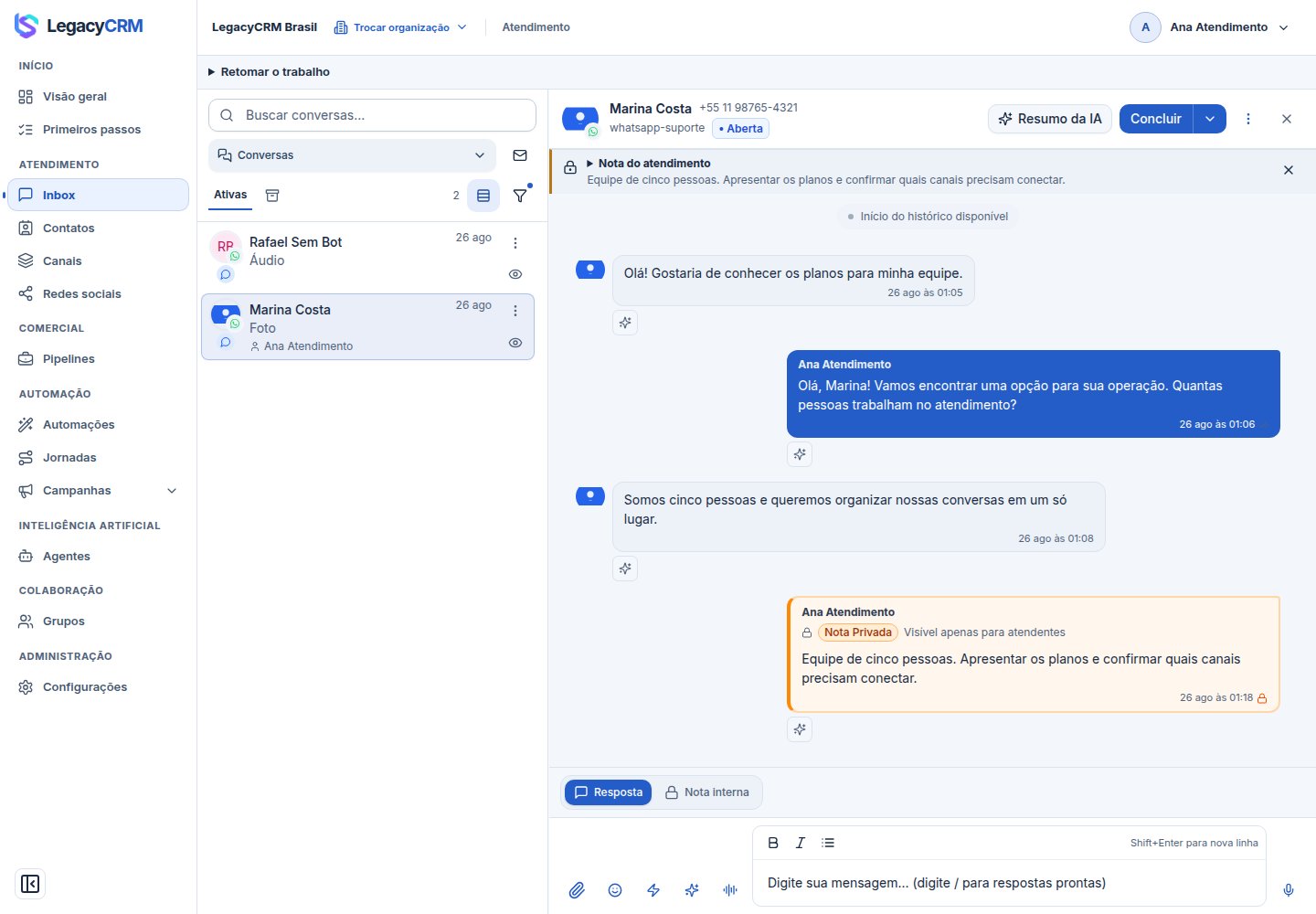 LegacyCRM: conversas, histórico e dados do contato no mesmo atendimento